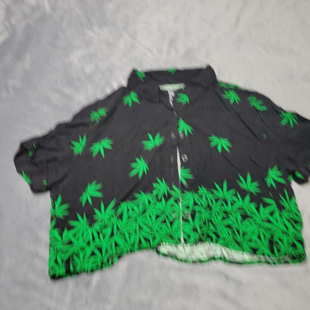 Spencers Shirt Womens Large Black Green Hemp Leaf Cover Button Front Cropped Top